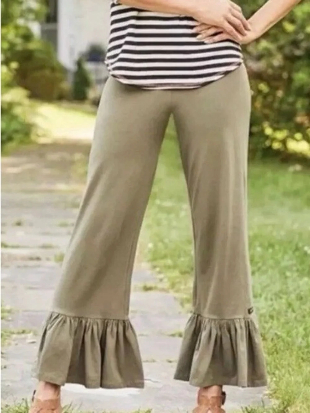 Matilda Jane Treetops Big Ruffles Olive Tan Cropped Pants Medium - Picture 2 of 8